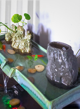 鱼缸流水摆件循环水造景假山石槽水缸配件陶瓷办公室装饰开业礼品