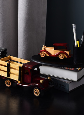 复古老爷车模型摆件家居实木飞机玄关小摆设客厅酒柜办公室装饰品
