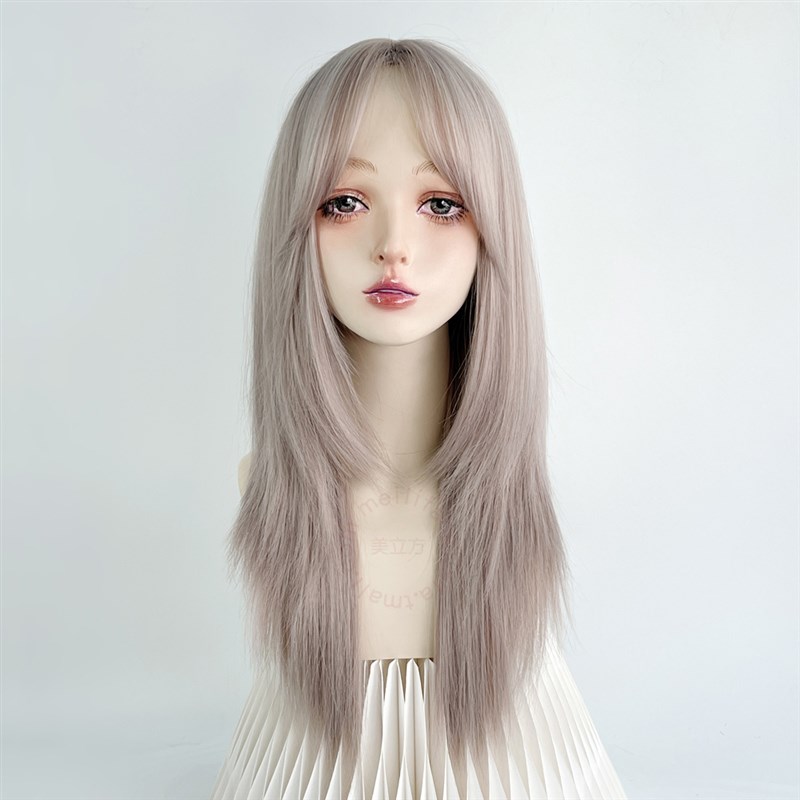 美立方假发全头套女灰粉色中分长直发无刘海高层次日常混血潮y2k - 图3