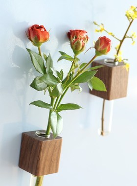 壁挂水培花器冰箱贴绿植装饰木质水养花插桌面摆件透明玻璃插花瓶
