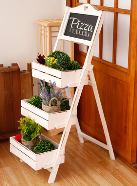 田园复古做旧实木三层折叠花架花店橱窗家居田园阶梯阳台花架摆件