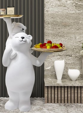 温馨母子熊创意大型落地女孩托盘摆件沙发旁玄关客厅家居软装饰品