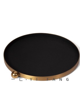 一匚金属皮革轻奢圆形麻花编织纹托盘样板间售楼处客厅软装摆件