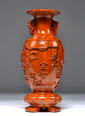 花梨木雕花开富贵花瓶摆件实木家居电视柜插花落地装饰工艺礼品摆