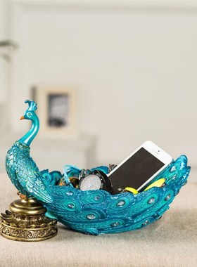 桌面收纳神器孔雀玄关鞋柜门口放钥匙摆件客厅糖果盘大容量多功能