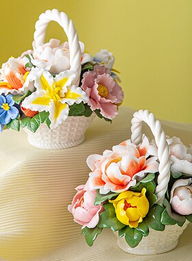 陶瓷花篮手捏瓷花高级家居装饰品牡丹玫瑰花中式艺术摆件室内招财