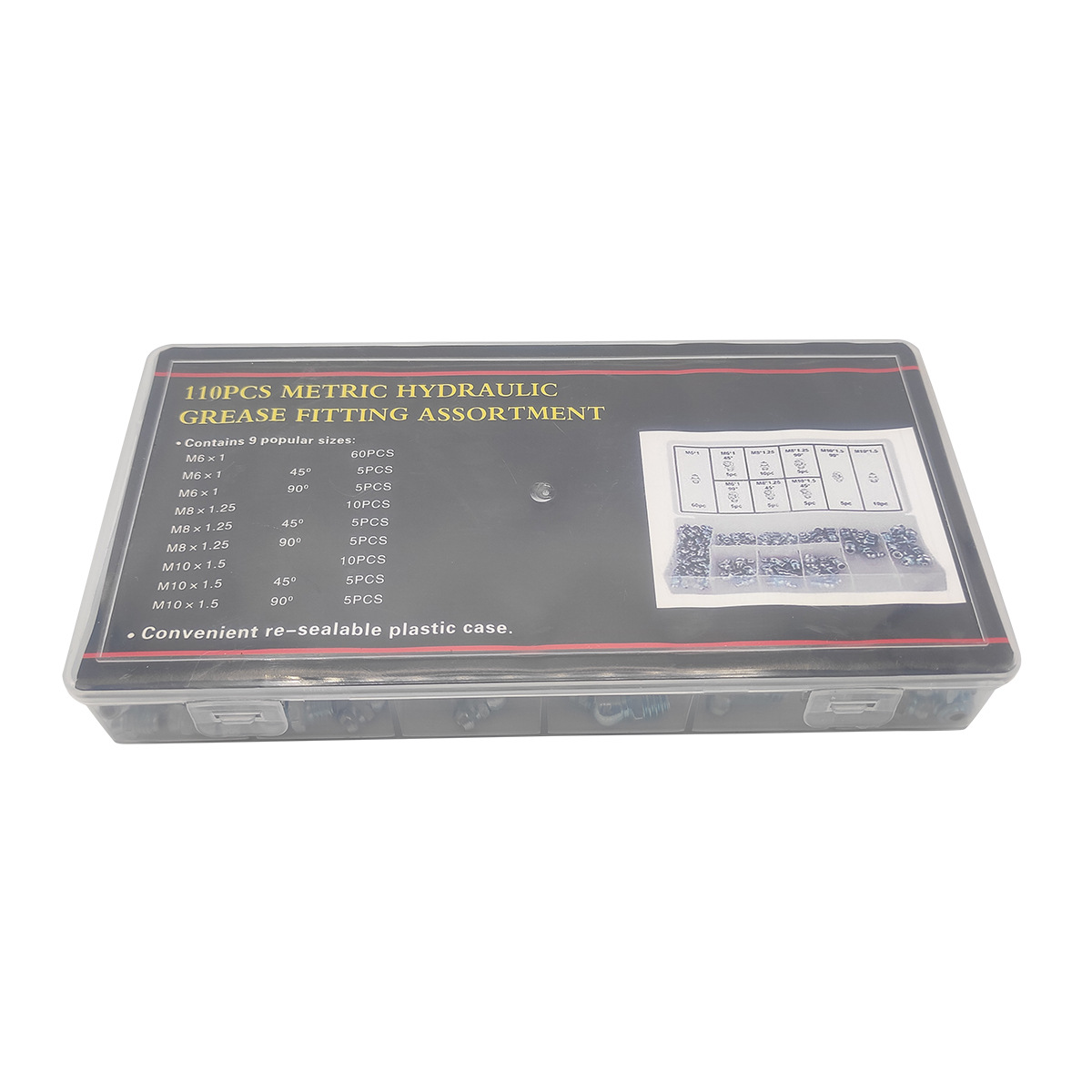 110PC黄油嘴公制套装黄油咀注油直咀弯嘴m6m8m10挖掘机接头 - 图0