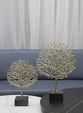 居现代简约金色珊瑚树理大石底座摆件0894书房玄关客厅电柜家装饰