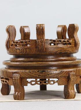 鸡翅木虎头几奇石玉盆景摆件大花瓶鱼缸实木雕花盆架圆形底座抖音