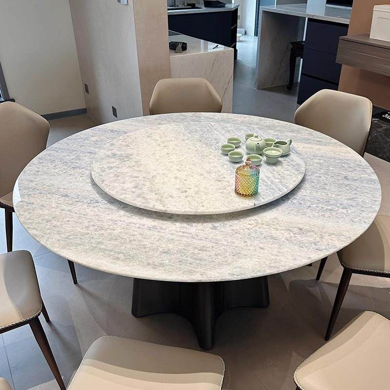蓝水晶奢石圆形餐桌椅组合带转盘高端别墅进口天然大理石圆桌家用,淘宝优惠券,粉丝福利购,淘宝优惠卷