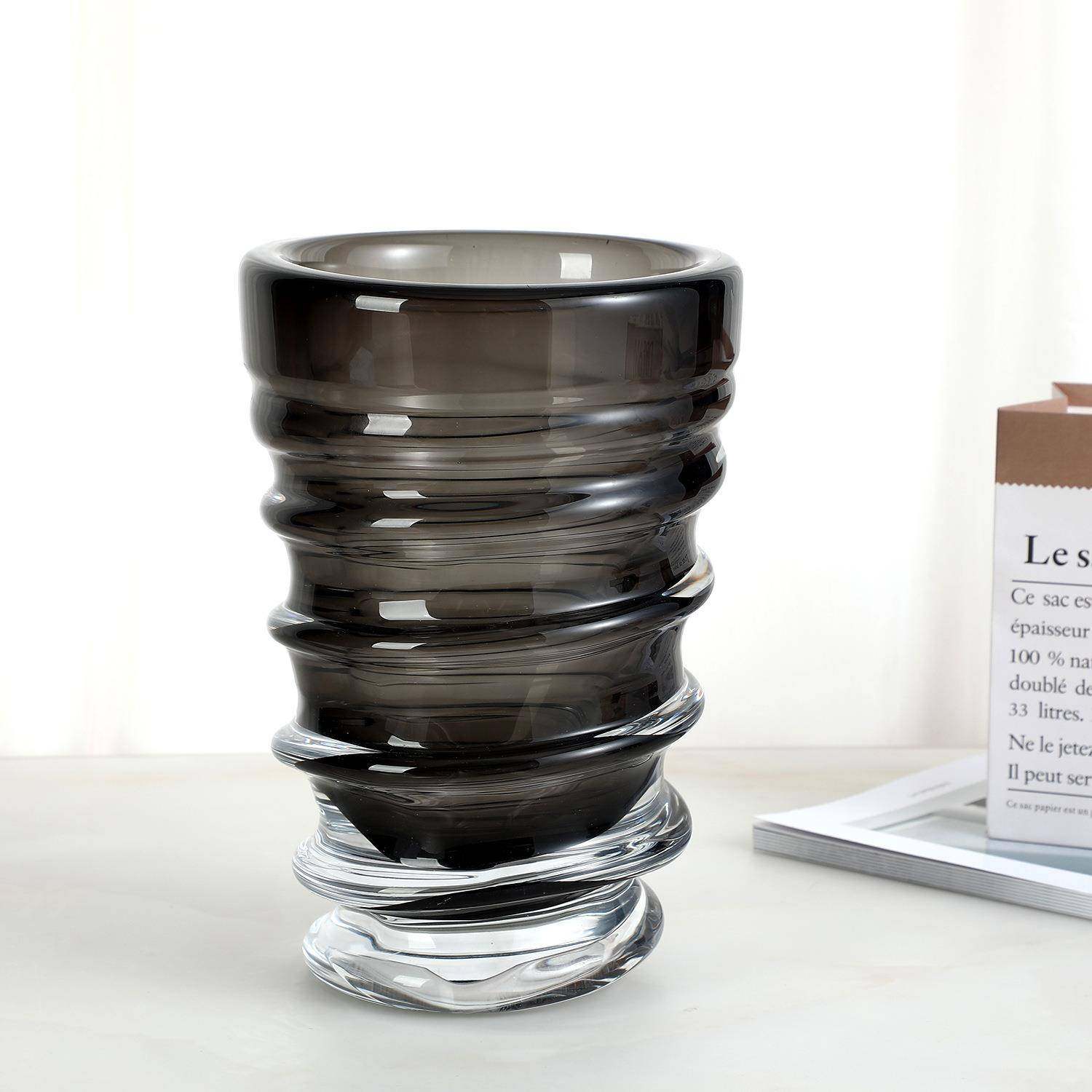 盛花简约灰色螺旋纹玻璃花瓶加重加厚插花器客厅样板间摆饰,淘宝优惠券,粉丝福利购,淘宝优惠卷