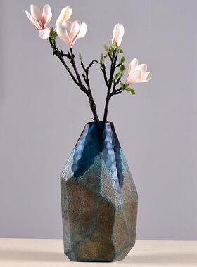 厂家刻直销AL-63103欧式蓝色几玻何磨璃花客厅花插摆瓶件酒店样板