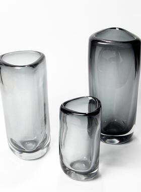 简约角现代烟灰色三透水培玻璃花器装迷迭明香仿真花玄关饰2020摆