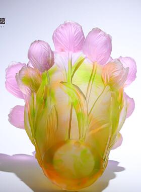 郁金香花瓶琉璃摆件客厅餐桌插花送朋友公司开业乔迁高端礼物定制