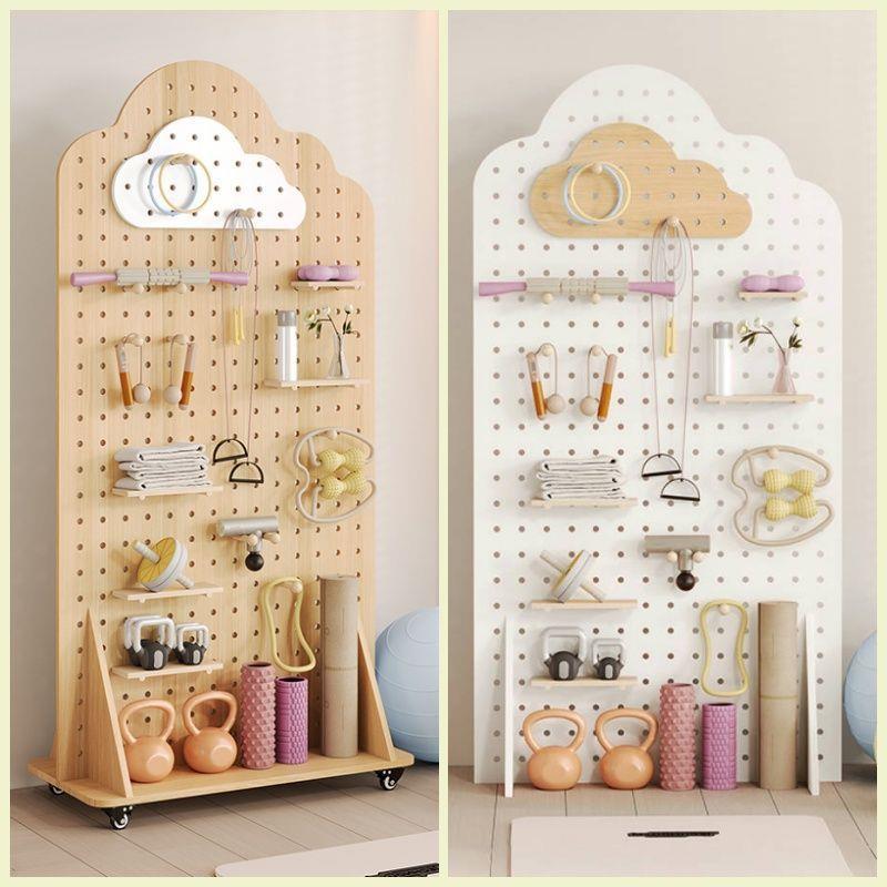 Yoga fitness equipment storage rack entrance solid wood hole board wooden yoga supplies storage rack cloud storage rack