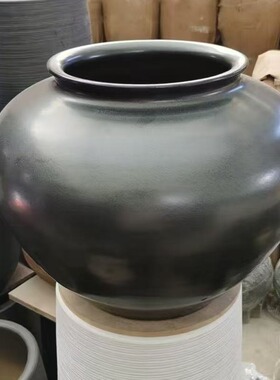 新中式黑色陶瓷缸酒店餐厅大圆桌插花器陶罐落地花瓶缸民宿软装饰