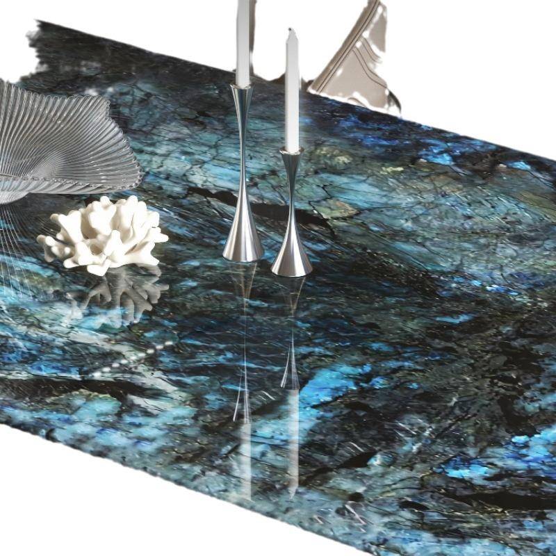 蓝翡翠大石方餐桌奢高端理家用小户型长形微晶石奢轻石餐桌8089餐 - 图3