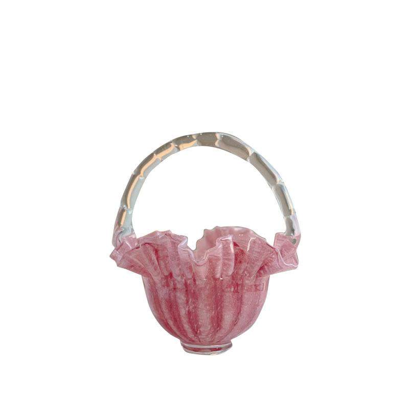 法式中古手作粉色芬顿玻璃褶皱裙边小提篮果盘样板间桌面轻奢摆件,淘宝优惠券,粉丝福利购,淘宝优惠卷