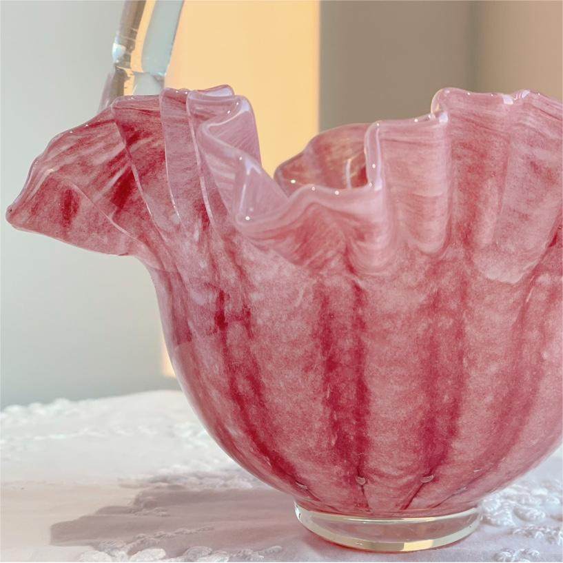 法式中古手作粉色芬顿玻璃褶皱裙边小提篮果盘样板间桌面轻奢摆件,淘宝优惠券,粉丝福利购,淘宝优惠卷