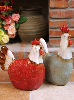 美式田园彩色鸡陶瓷釉面摆件  橱柜摆件庭院摆件
