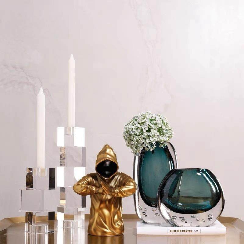 蓝色透明水晶玻璃花瓶摆件轻奢高档样板间客厅餐桌茶几水培插花器,淘宝优惠券,粉丝福利购,淘宝优惠卷