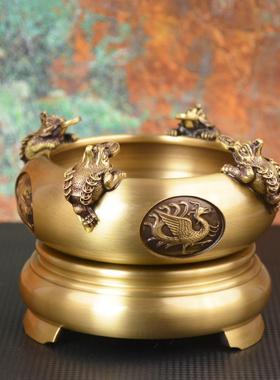 达全黄饰铜四方玄来财聚宏四方来财宝盆关装品铜盆金蟾铜器摆件