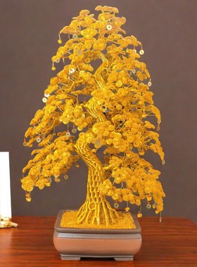 纯手工编织铝丝发财树新中式客厅摆件新居乔迁礼物开业招财摇钱树