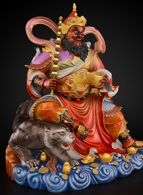 赵公明摆件黄铜彩绘五路财神骑虎武财神赵公明神像店铺家用大号