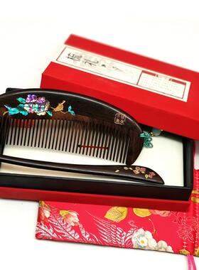 006凤丫头厂家直牡丹鸟檀梳小子直发按摩家木用送礼螺供钿镶嵌彩