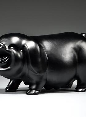 黑色木质十二生肖木头雕刻小猪实木吉祥物摆件客厅装饰木制工艺品
