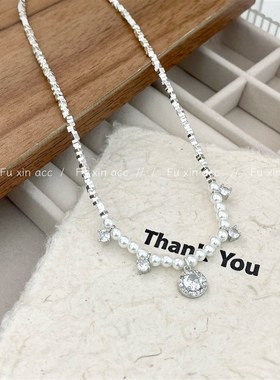 碎银珍珠钻锆石菱形锆石组合项链女精致百搭毛衣链轻奢赫本风首饰