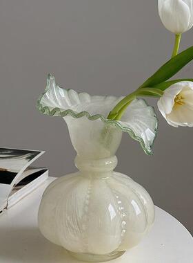 小清新芬顿奶油风绿色浪玻QL39璃花法瓶式复漫古芍药花器透明水养