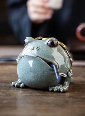 创意陶瓷三足哥窑金蟾茶宠可养蟾蜍家居招财摆件茶室茶桌桌面摆设