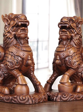 实木雕刻麒麟摆件公母一对新中式手工艺品玄关柜客厅招财旺宅摆设