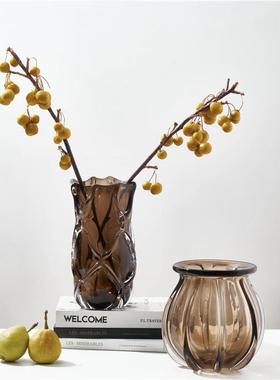 简约奢花瓣口厚重咖色琉璃花瓶客厅果代餐桌酒店BX88-02H软轻装台