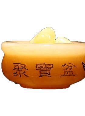 GT610源聚头厂家米黄玉底聚宝盆套装元宝座黄玉宝盆摆件送礼品