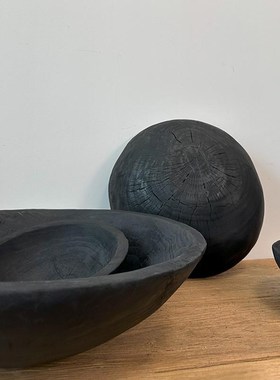 侘寂风实木果盆民宿酒店玄关餐桌高级感圆形碳化木质托盘装饰摆件