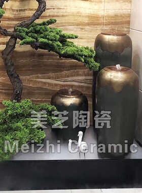 花园喷水池自动流水陶罐灰色水系陶瓷加湿器花瓶养生馆喷泉缸摆件