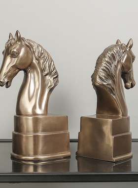 冷铸铜工艺品马头书靠欧式复古样板间书房办公室桌面摆设书挡书立