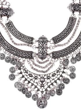 美夸张复古金欧属民OTE族风格锁骨项链女装个性钱币链镂空多层条