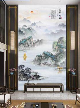 3d立体别墅挑高壁纸自粘走廊过道山水背景墙贴画进门玄关竖图壁布