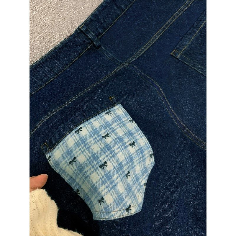 美式格子拼接牛仔裤女春季新款胖妹妹mm高腰宽松显瘦直筒阔腿长裤,淘宝优惠券,粉丝福利购,淘宝优惠卷