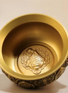 纯黄铜聚宝盆寿头五福临门招财摆件家用客厅玄关装饰品存钱罐