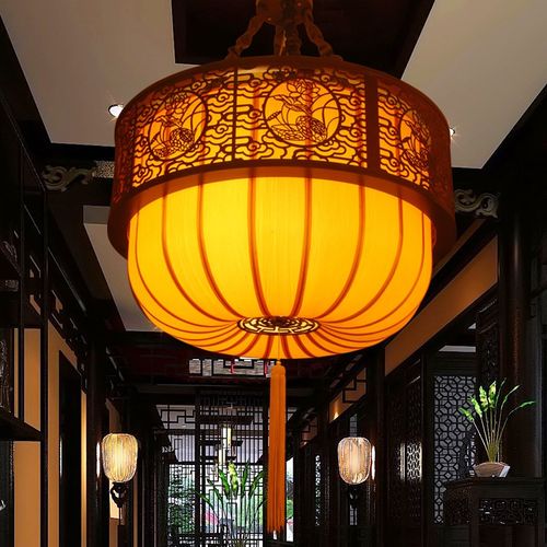 现代中式古典木质布艺灯笼吊灯酒店茶楼会所装饰灯客厅圆形大吊灯 - 图2