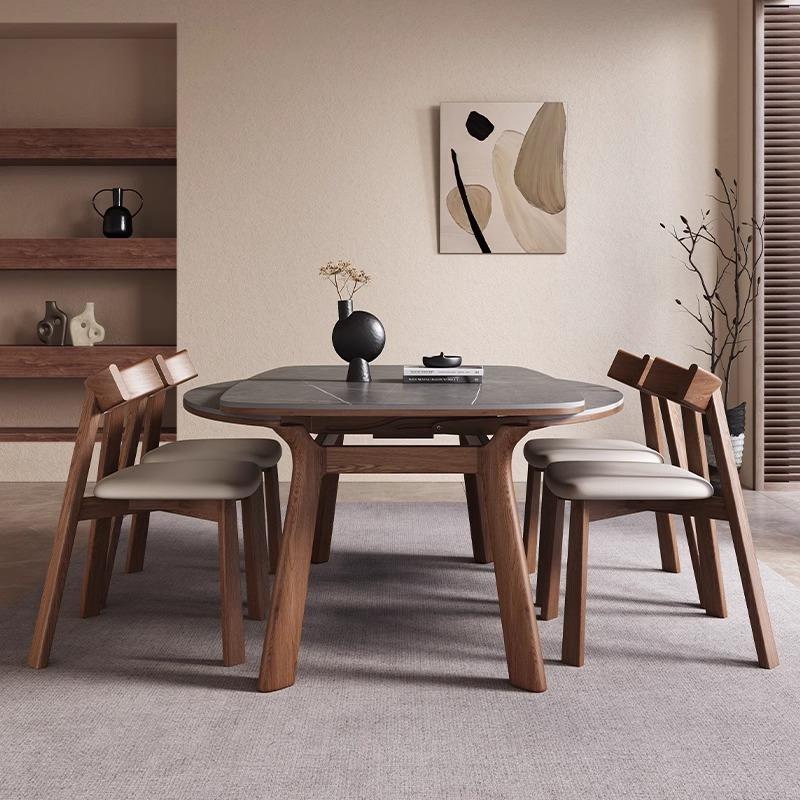 MH伸缩岩板实木餐桌家用小户型可变圆桌现代简约方圆两用伸缩餐桌 - 图1