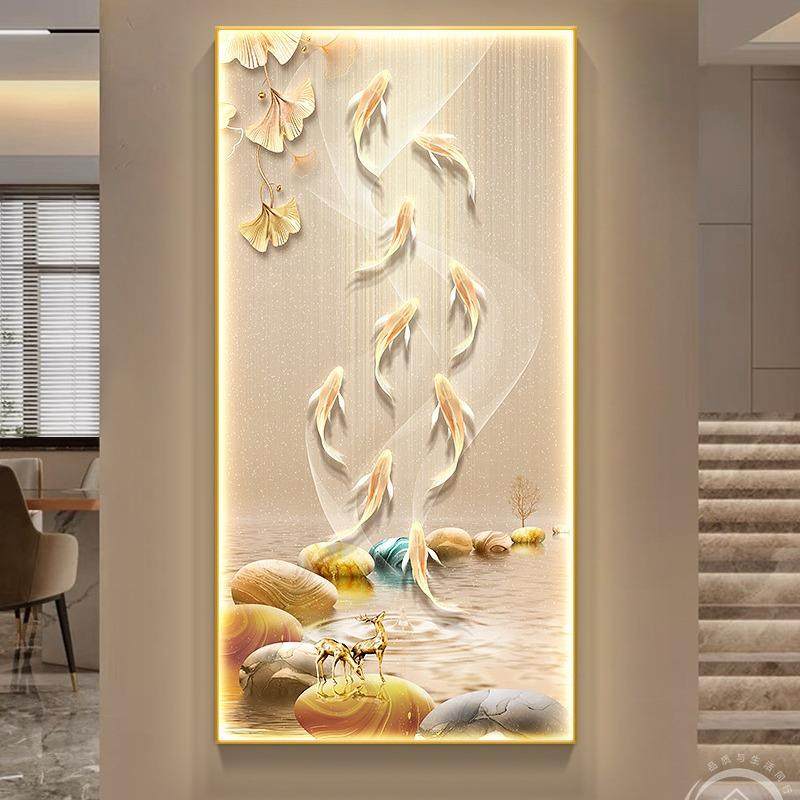 九鱼图玄关装饰画高档入户门轻奢壁画灯现代客厅走廊过道寓意挂画,淘宝优惠券,粉丝福利购,淘宝优惠卷