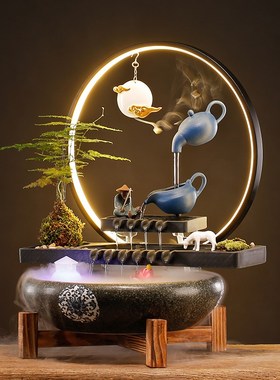 新品招财悬壶流水摆件家居客厅水循环鱼缸办M公室桌面装饰高档开