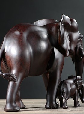 黑檀实木雕刻母子象摆件木头仿古小象吉祥大象家居酒柜红木工艺品
