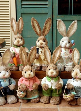 创意手工草编兔子情侣轻奢玄关柜阳台餐厅布置家居花盆装饰摆件