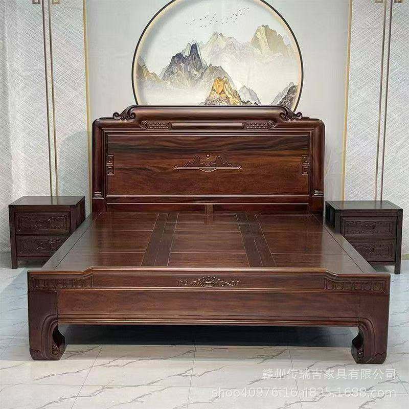 黑胡桃木色实木床1.8米双人床卧室明清中式古典仿古雕花格木大床,淘宝优惠券,粉丝福利购,淘宝优惠卷